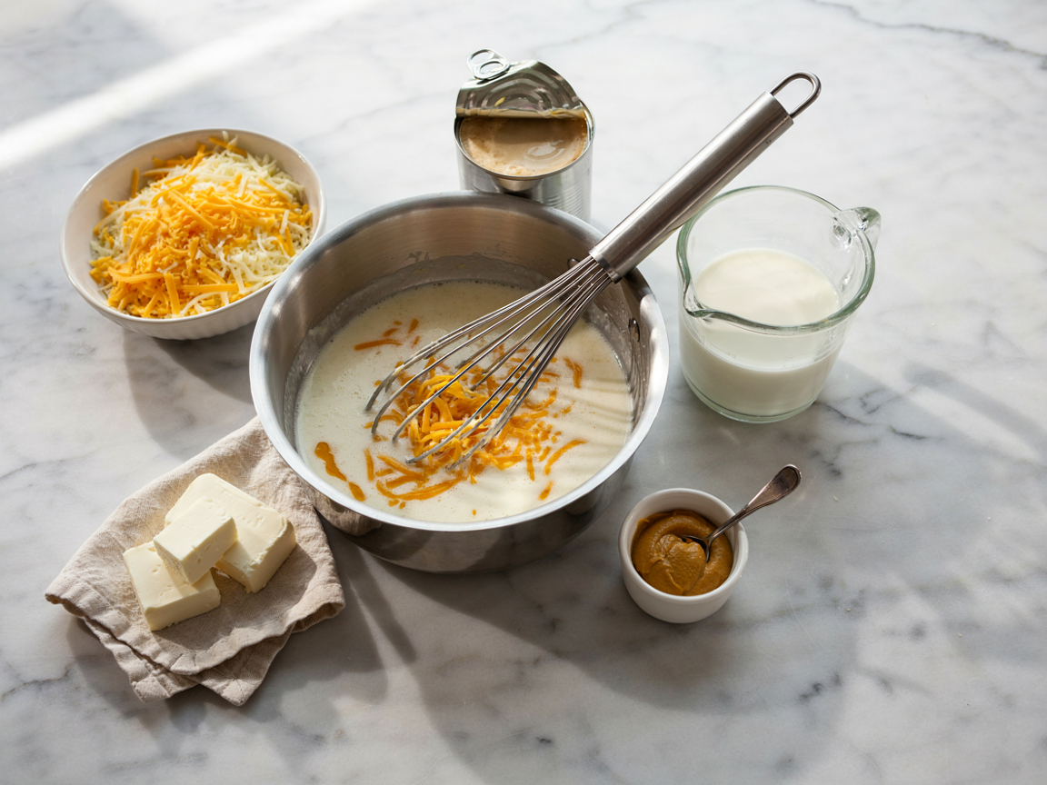 Making cheese sauce without heavy cream: a saucepan of pale creamy white sauce with a handful of shredded sharp cheddar being stirred in with a whisk, a can of evaporated milk, a glass measuring cup of milk, a bowl of shredded cheddar and Monterey Jack, a small block of cream cheese and a jar of Dijon mustard on a marble counter