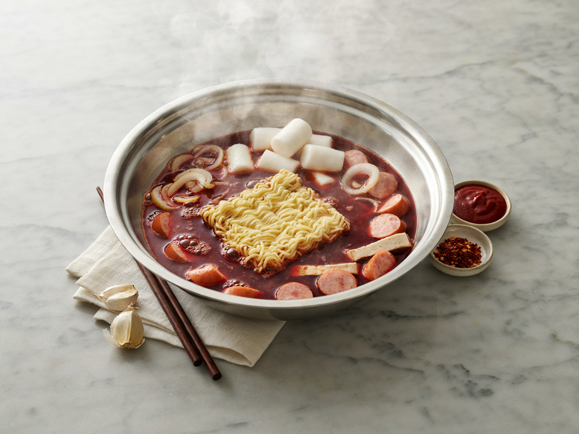 Rabokki cooking in a wide shallow pan: rice cakes simmering in red gochujang broth with sliced onion, a block of instant ramen noodles placed on top, a small bowl of gochujang sauce and chopsticks beside the pan