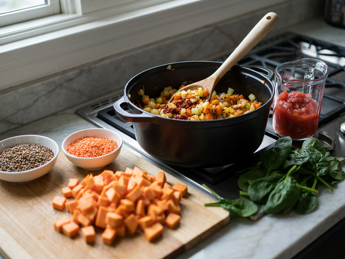 Making lentil soup: a Dutch oven of golden sauteed onion, diced carrot and celery with tomato paste and red-orange spices stirred in, a wooden spoon, bowls of rinsed brown lentils and red lentils, diced sweet potato on a cutting board, a can of tomatoes poured into a measuring cup and a bag of spinach on a wooden counter