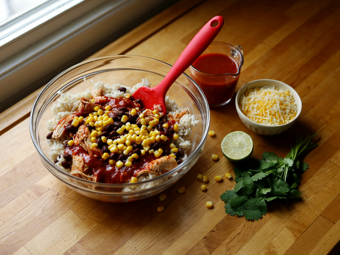 Making chicken enchilada rice casserole: a large glass bowl of cooked rice, shredded chicken, black beans and corn being folded into red enchilada sauce with a spatula, a bowl of shredded cheese, a can of enchilada sauce poured into a measuring cup, a lime and cilantro on a wooden counter