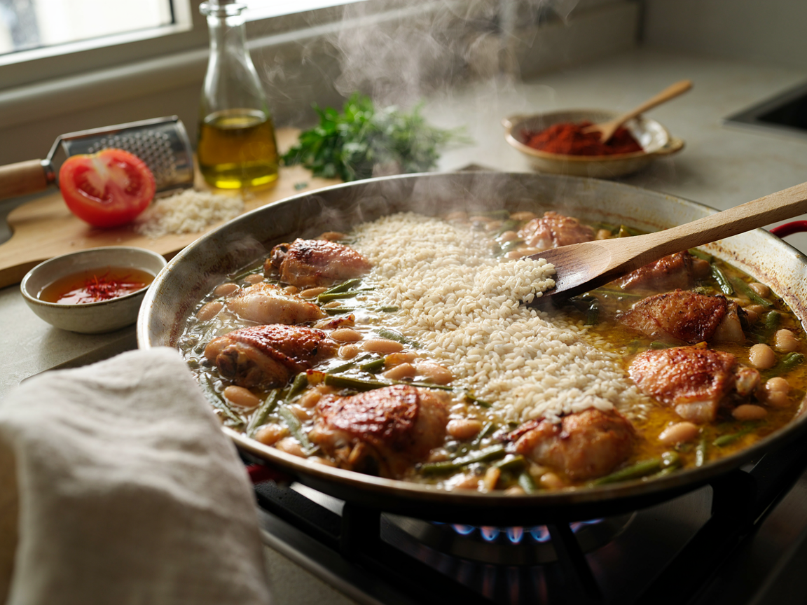 Spanish paella being made at home: bomba rice poured in a line across a wide pan of boiling saffron broth with browned chicken, green beans and white beans, a wooden spoon spreading the rice flat, on a home gas stove