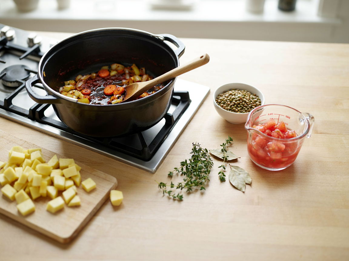 Making lentil stew: a Dutch oven of golden sauteed onion, carrot coins and celery with dark tomato paste and smoked paprika stirred in, a wooden spoon, bowls of rinsed green lentils, diced yellow potatoes and a can of diced tomatoes poured into a measuring cup on a wooden counter