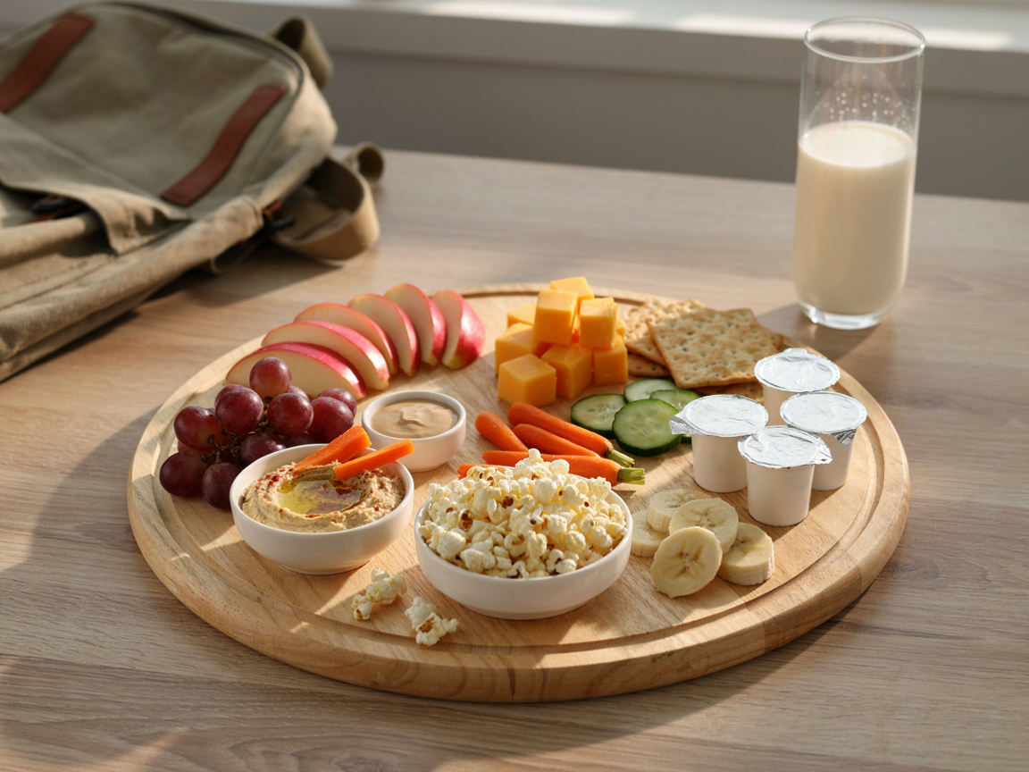 Round wooden snack board with apple slices, cheese cubes, crackers, grapes, carrots, cucumber, hummus and popcorn, with a glass of milk and a canvas backpack