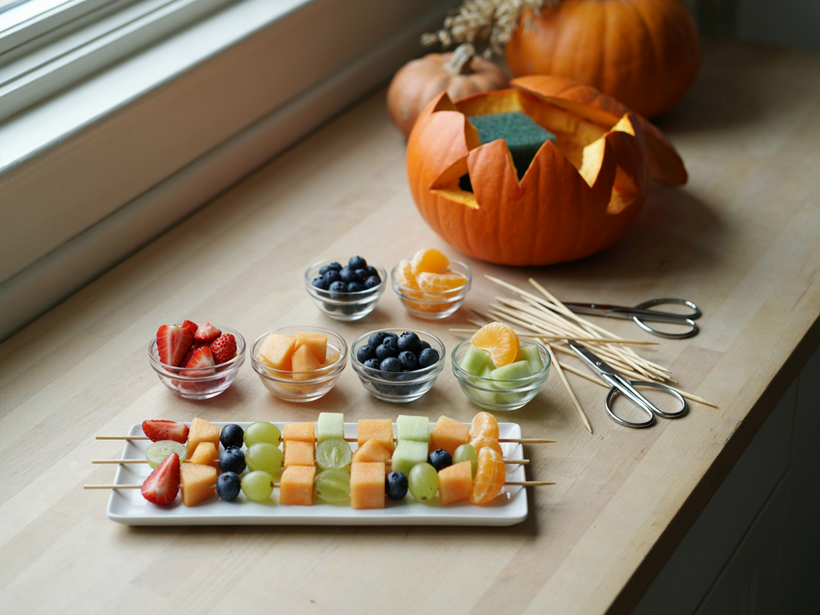 Halloween fruit skewers being prepared: threaded skewers in color patterns on a tray, bowls of cubed cantaloupe, honeydew, strawberries, grapes and blueberries, a carved pumpkin with floral foam inside