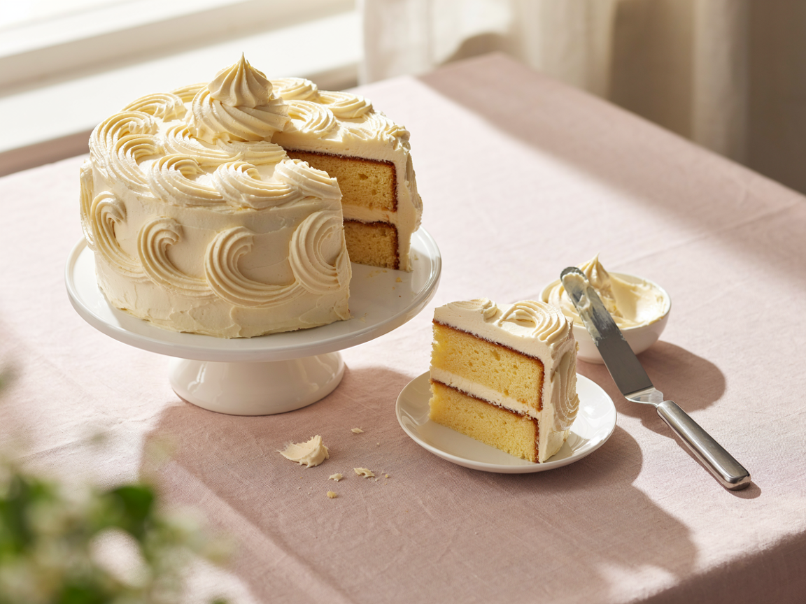 Two-layer vanilla cake on a white cake stand frosted with fluffy cream cheese frosting, with a slice on a plate