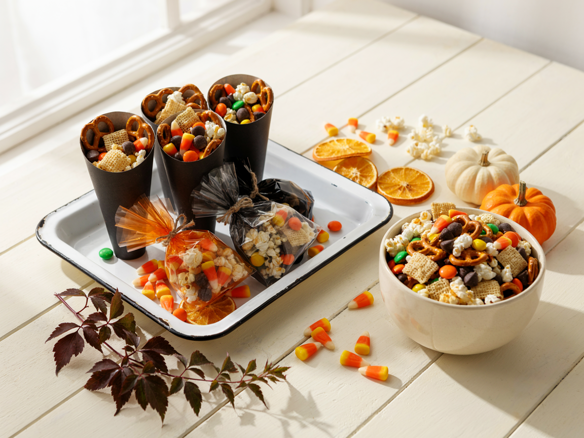 Halloween snack mix served in black paper cones and clear treat bags on a tray next to a bowl of the mix, with mini pumpkins and candy corn
