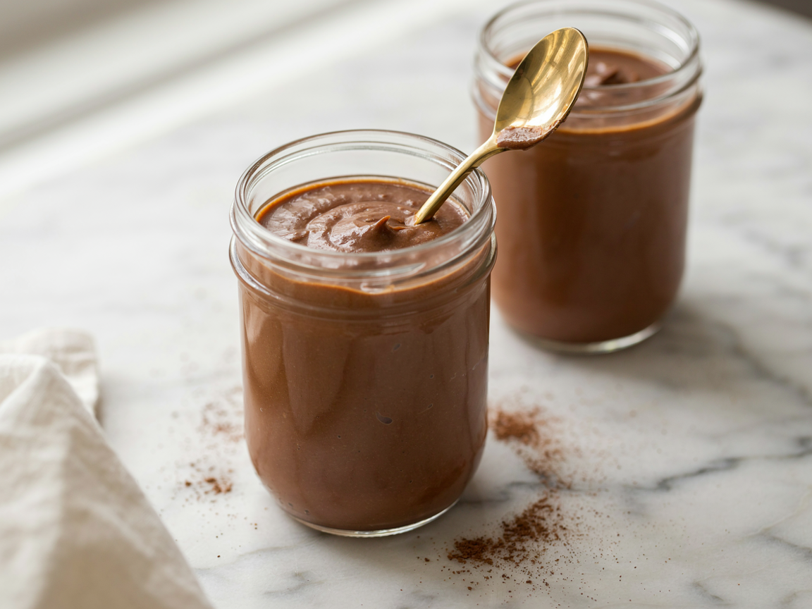 A glass jar of silky chocolate brownie blended overnight oats on white marble, a gold spoon lifting a glossy swirl from the jar, a light dusting of cacao powder on the marble, a second jar softly blurred behind, soft natural light