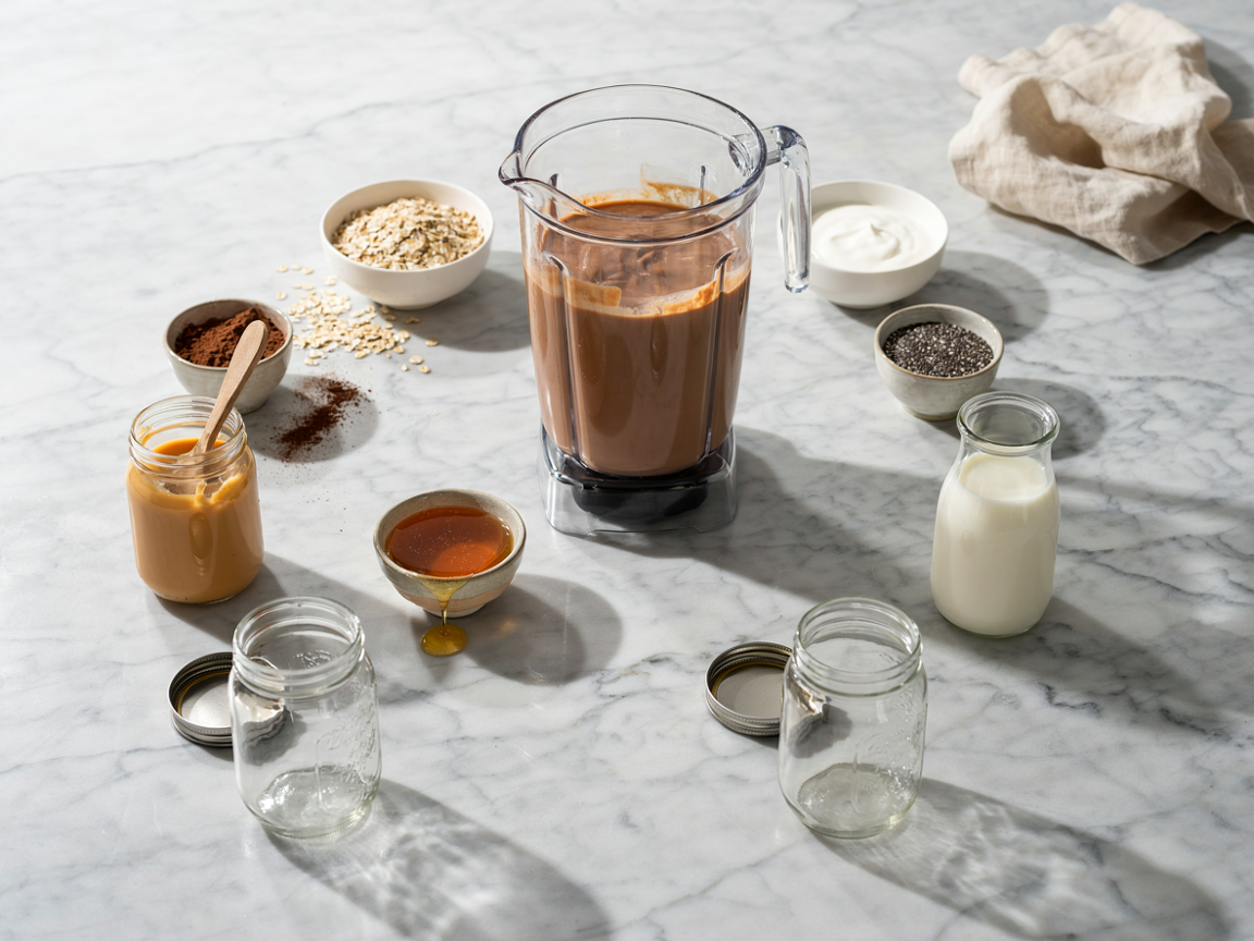 A blender jug of smooth chocolate oat mixture on white marble, surrounded by small bowls of rolled oats, Greek yogurt, cacao powder, chia seeds and peanut butter, a jug of milk, a jar of honey and a row of empty glass jars, bright morning light