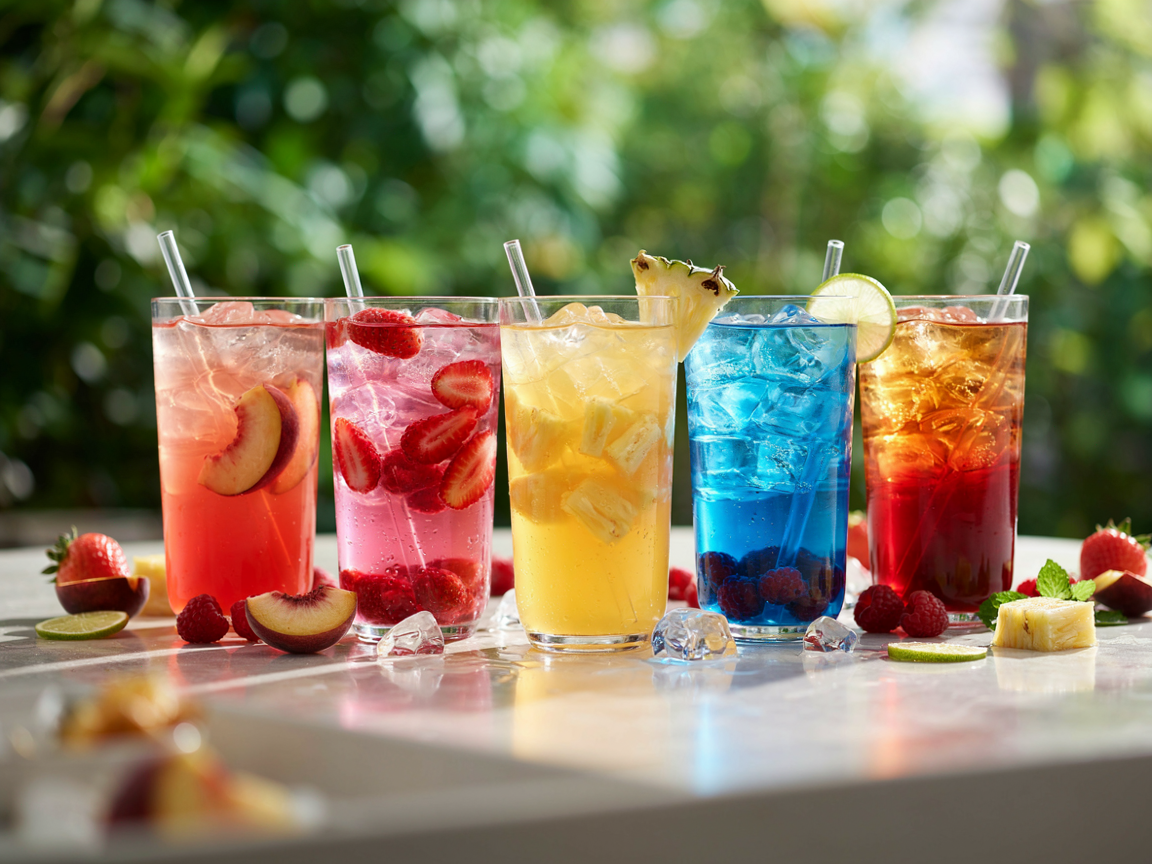 Five tall clear tumblers of loaded tea with ice and straws on a white table: a peach gradient, a pink strawberry, a golden pineapple, an electric-blue raspberry with a lime wheel and a layered tropical, with fresh strawberries, peaches, pineapple and limes around them and a green garden behind, bright summer light