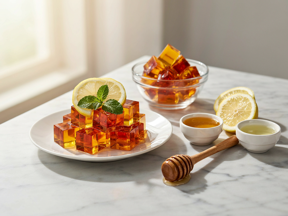 Glossy translucent amber-gold gelatin cubes on a round white plate with lemon wheels and fresh mint, a glass bowl of more cubes, small bowls of honey and apple cider vinegar, halved lemons and a honey dipper on white marble, bright natural light