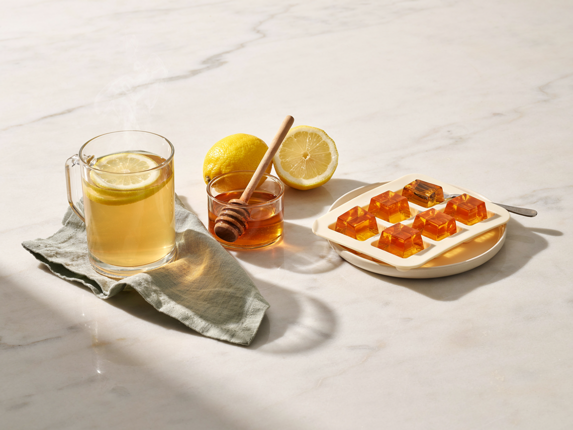 A glass mug of warm gelatin lemon drink with a lemon wheel, beside a silicone mould of set amber gelatin cubes and a small dish holding three cubes, on white marble in soft morning light