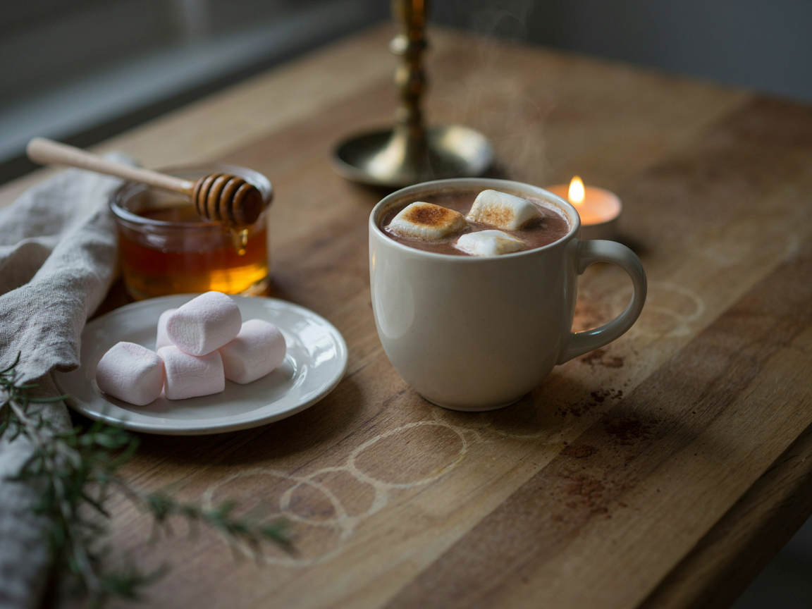 A ceramic mug of hot cocoa on a wooden table with two square homemade marshmallows melting on top, one lightly toasted golden, a small plate of more marshmallow squares, a jar of honey and a linen napkin beside it, cozy warm evening light, food photography