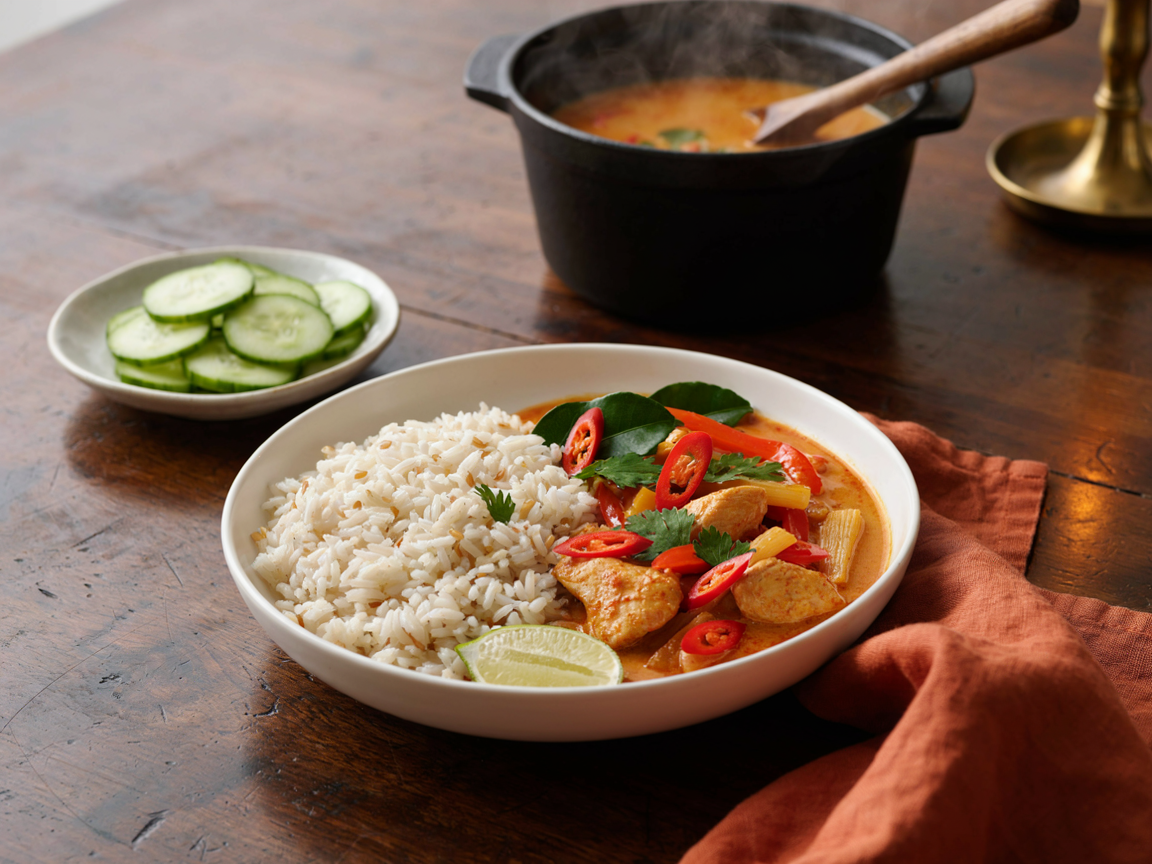 A white bowl of jasmine rice with creamy orange-red Thai red curry with chicken and red pepper spooned beside it, topped with cilantro and thin red chilli slices, a lime wedge on the rim, a small bowl of cucumber slices and the pot of curry in the background on a wooden table with a terracotta napkin, warm evening light