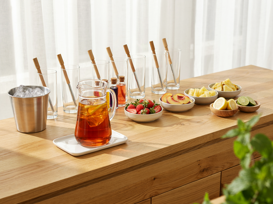 A home loaded tea bar on a table: rows of empty clear tumblers, a metal ice bucket with a scoop, unlabeled bottles of colourful syrup, bowls of cut strawberries, pineapple, peaches and lime wheels, and a pitcher of iced tea, bright airy daylight
