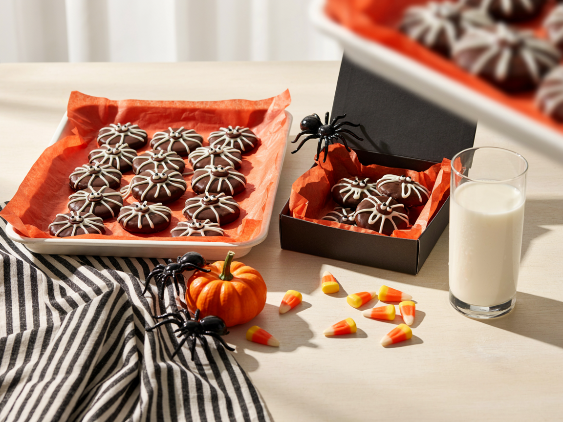 Spider cookies packed in a parchment-lined bakery tray and a black treat box with a glass of milk and candy corn on a wooden table