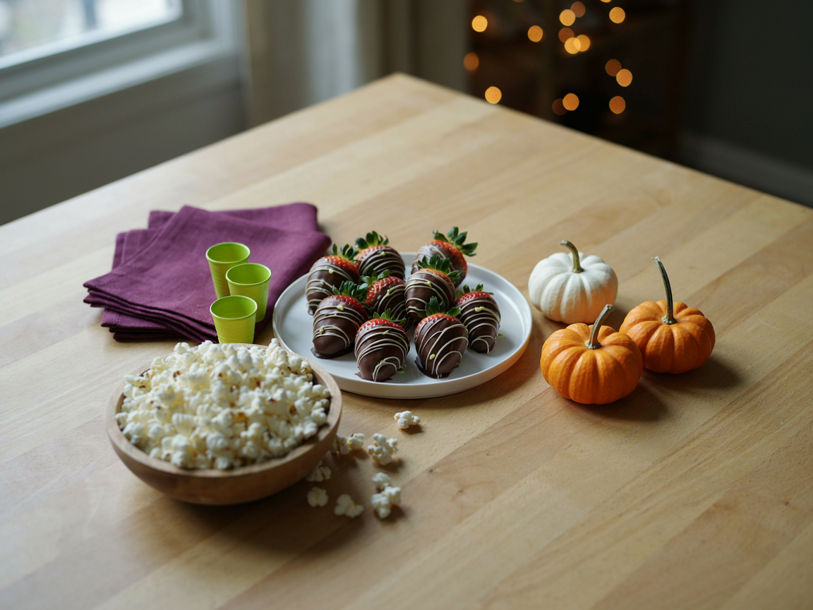 A Halloween dessert table: a white platter of black and white striped chocolate-dipped strawberries with lime green accents and green tops, mini white and orange pumpkins, a bowl of popcorn, purple napkins and small lime-green paper cups on a light wooden table, soft evening light