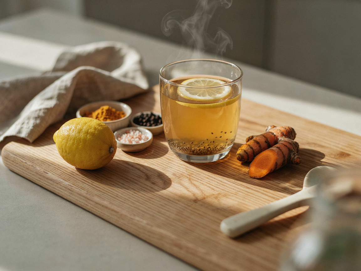 A glass mug of warm lemon water with chia seeds and turmeric, with turmeric root, black peppercorns and a lemon beside it