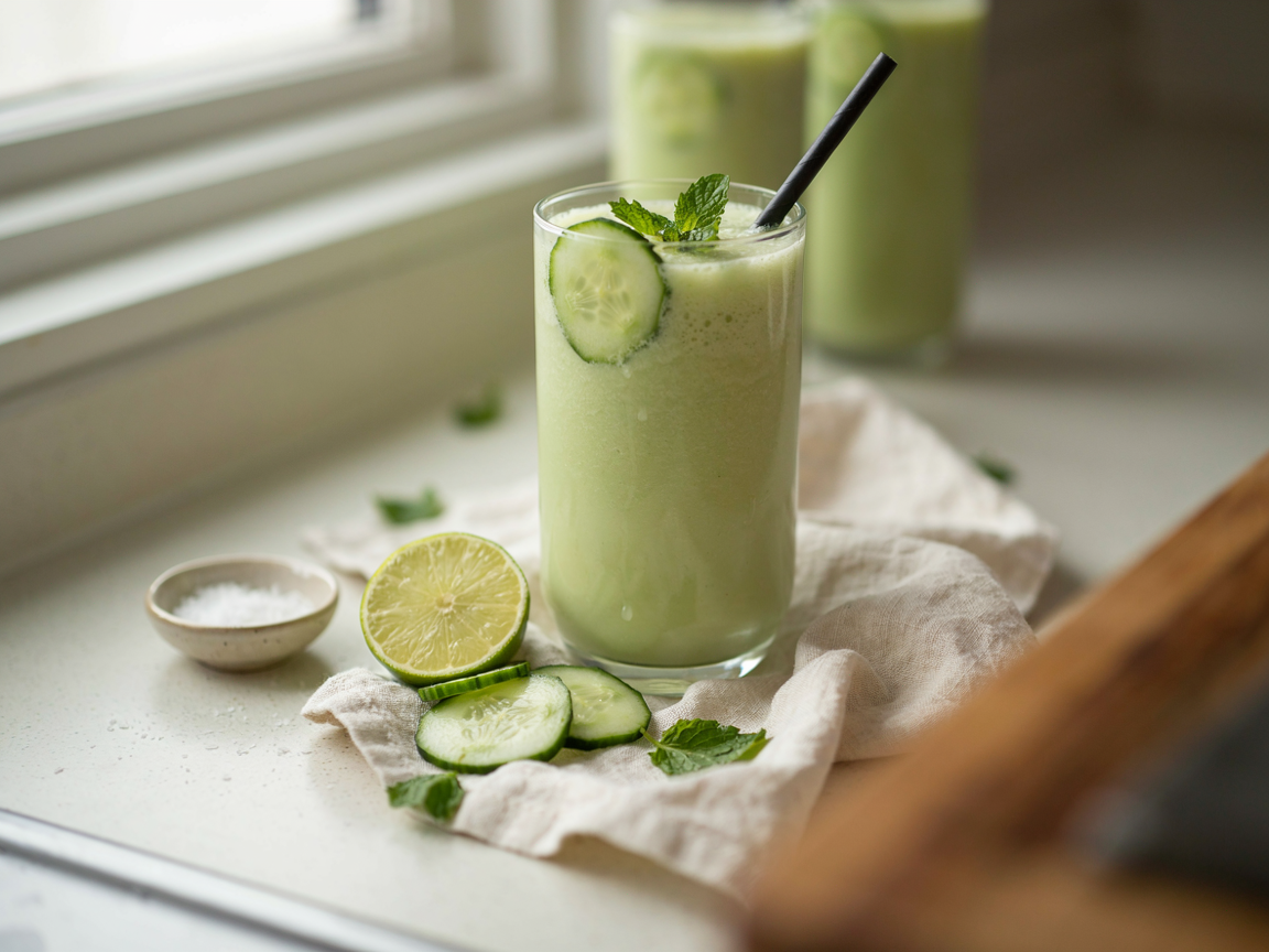 A tall glass of thick, foamy, pale-green cucumber smoothie on a cream linen cloth, a thin cucumber coin on the rim, a sprig of fresh mint on top and a black paper straw, halved limes, cucumber slices and loose mint leaves around it, a second glass blurred behind, bright natural light, shallow depth of field, food photography