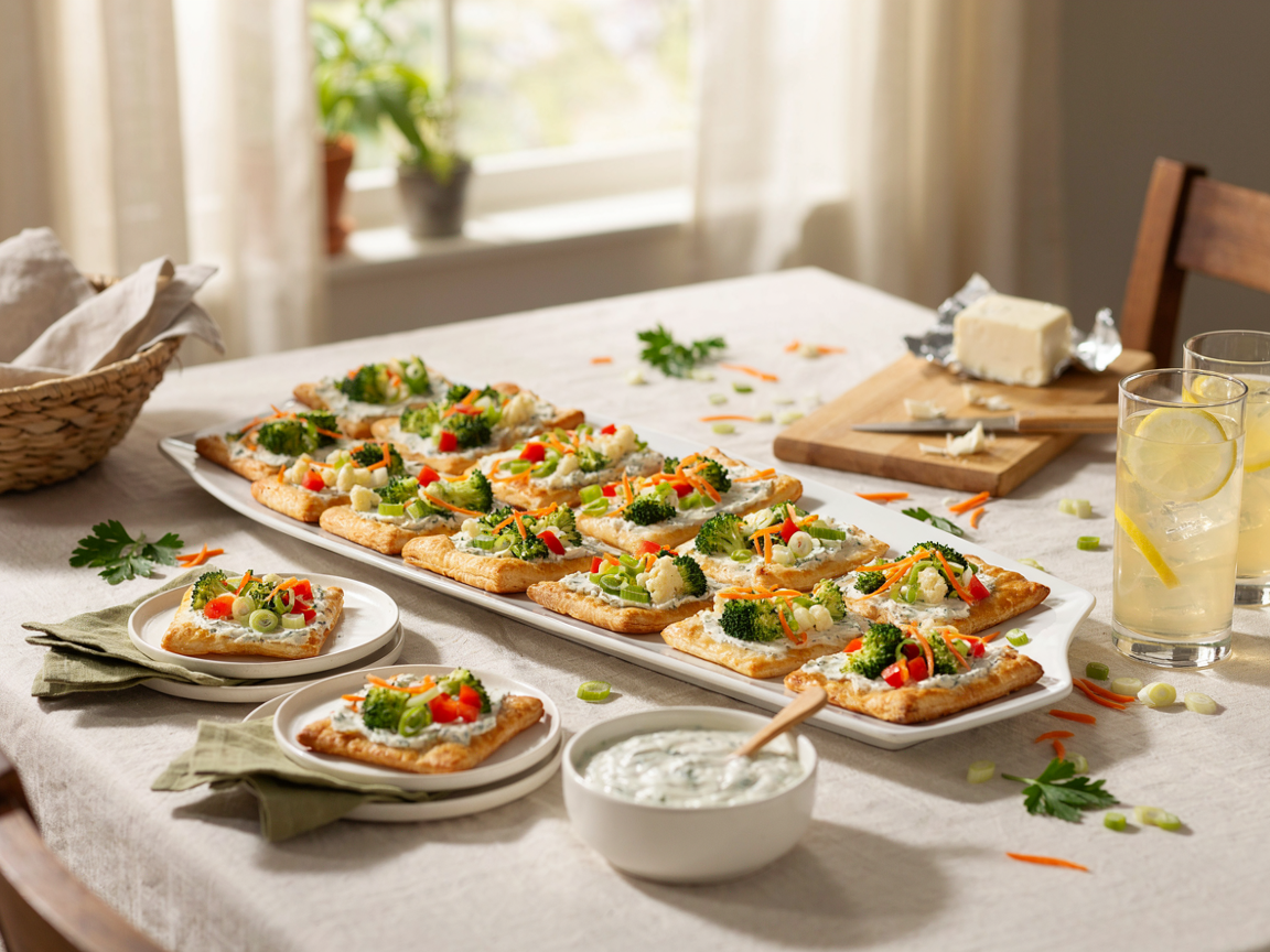 A party buffet with squares of cold veggie pizza lined up on a long white platter, a stack of small plates, a bowl of ranch dip and a glass pitcher of lemonade, bright daylight