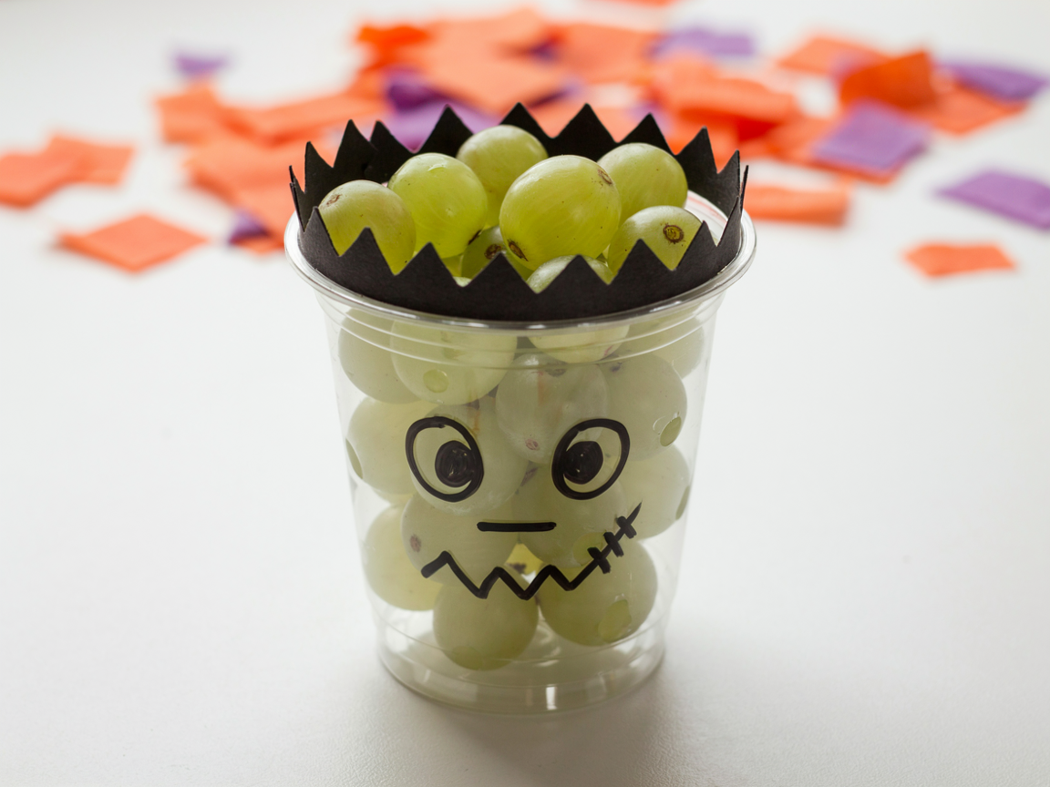 Close-up of a single clear plastic cup filled with glossy green grapes, a simple cartoon monster face drawn in black on the outside of the cup with round eyes, a zigzag mouth and two stitch marks, a zigzag black paper fringe around the top, on a white surface with blurred orange and purple confetti behind, soft bright light, shallow depth of field