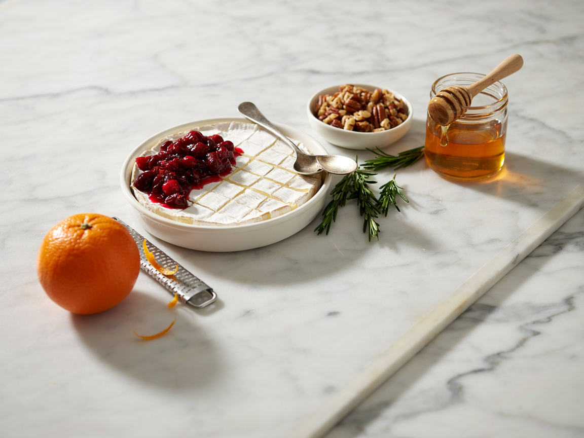 A whole brie wheel in a small white ceramic baking dish being topped before the oven: the rind scored in a crosshatch, a spoon of whole-berry cranberry sauce going on, a small bowl of chopped pecans, a jar of honey with a dipper, sprigs of fresh rosemary and an orange on a marble counter