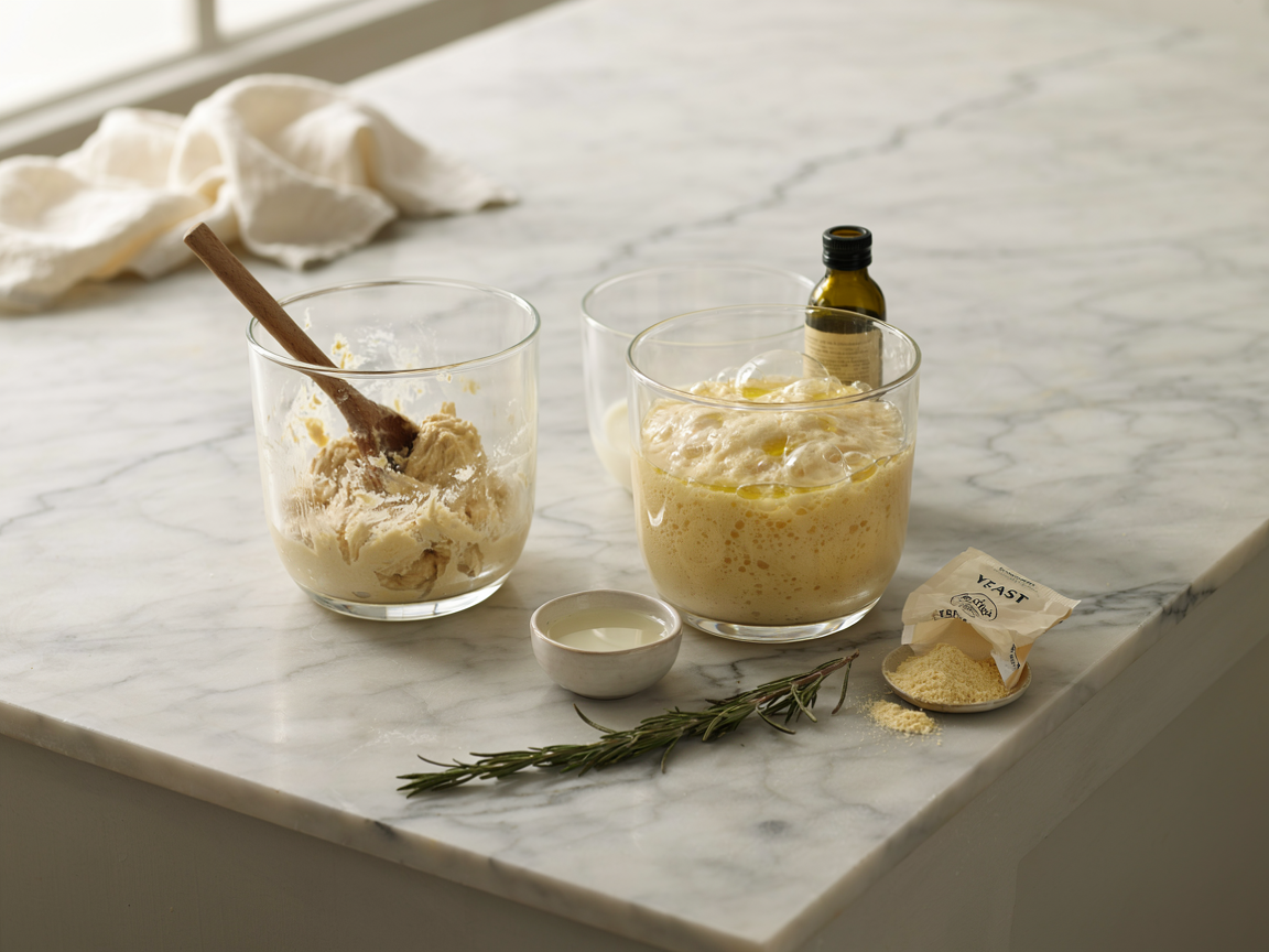 Focaccia dough process: a bowl of wet shaggy dough just mixed beside a bowl of smooth domed dough full of bubbles after folding and rising, with a bowl of water and olive oil nearby
