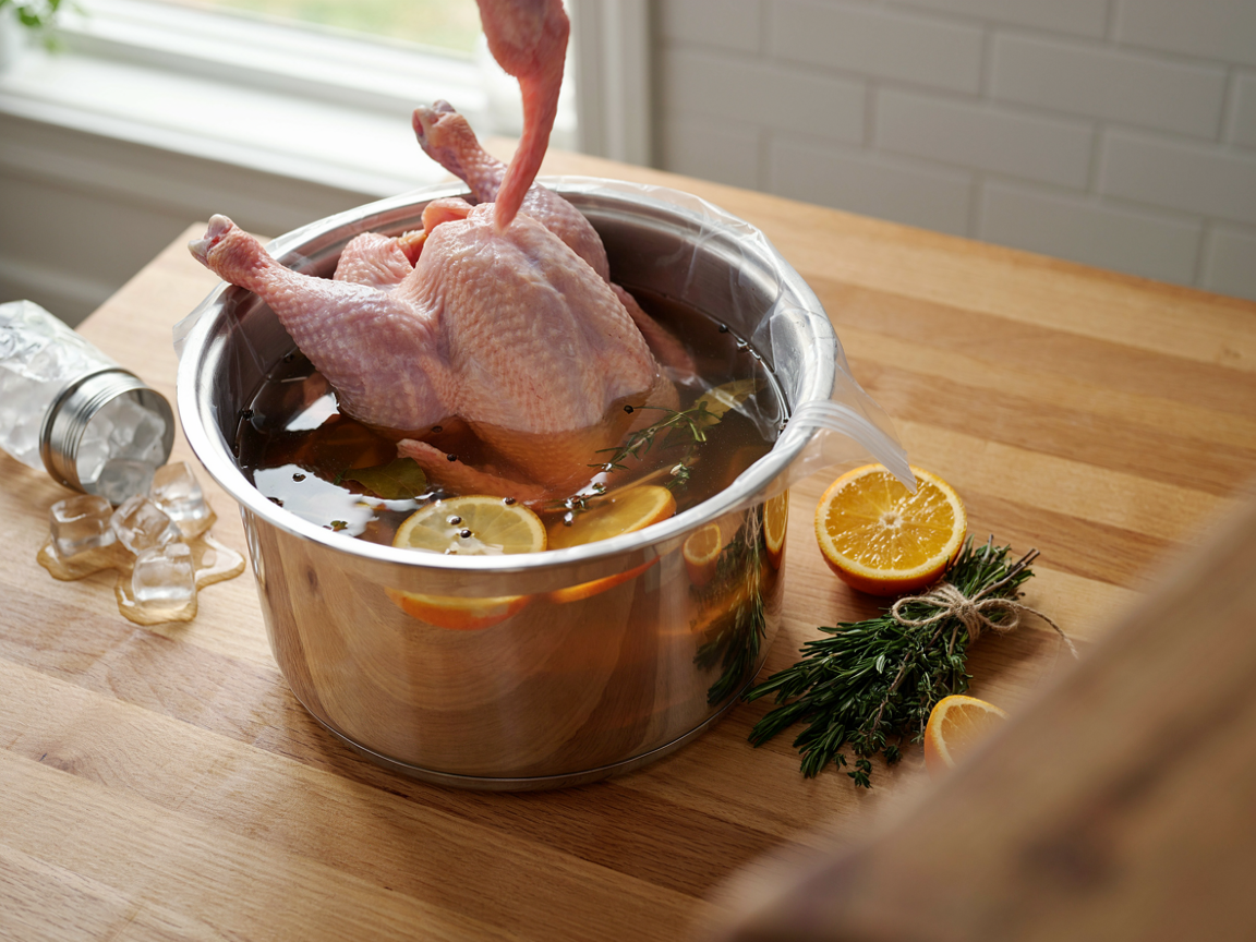 A raw whole turkey being lowered into a stainless stockpot of amber apple cider turkey brine with orange slices, bay leaves and fresh rosemary floating in it, a bundle of rosemary and thyme, a halved orange and a jar of ice on a butcher-block counter by a bright window