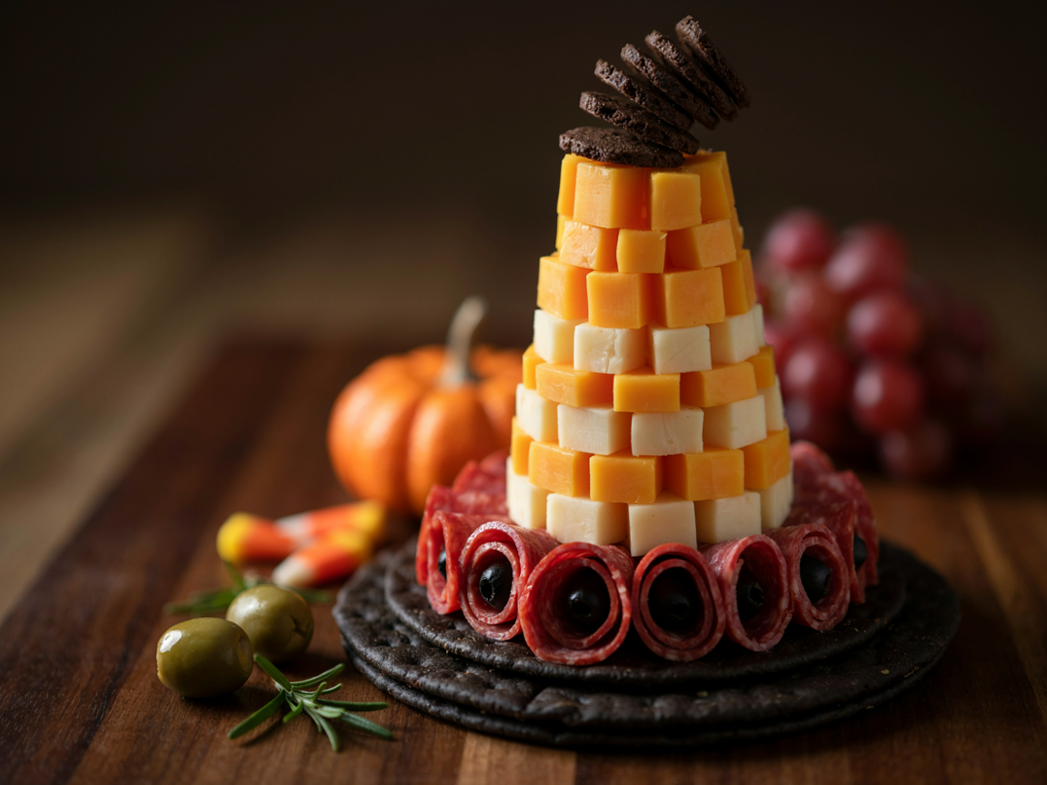 Close-up of the finished cheese witch hat with stacked cheddar rings, a beef salami rose and olive band, a dark cracker brim and a crooked cookie tip