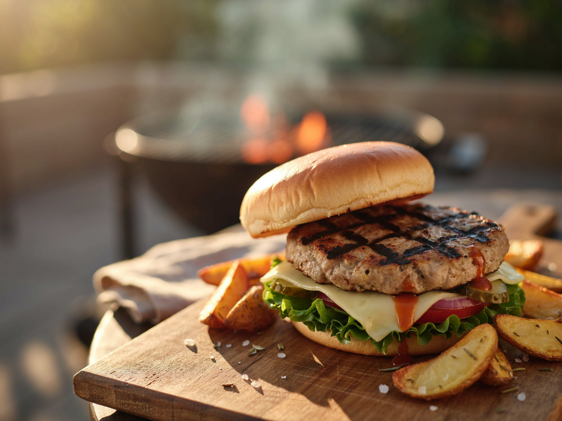Grilled turkey burger with char marks, melted provolone, lettuce, tomato, red onion and pickles on a toasted brioche bun