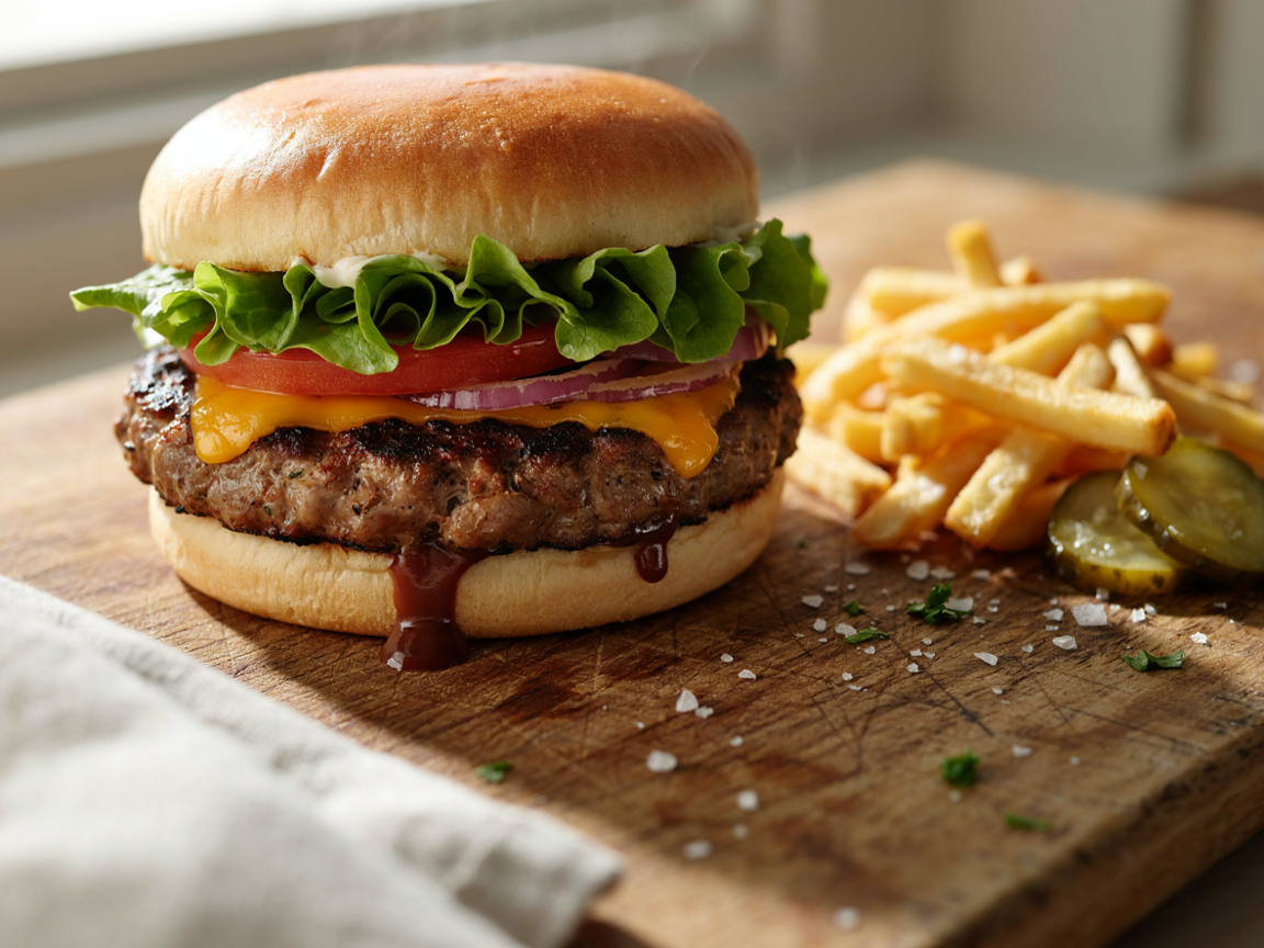 A juicy turkey burger on a toasted golden brioche bun, a thick seared patty with a dark golden crust and melted sharp cheddar, crisp green lettuce, a thick tomato slice and thin red onion rings, on a wooden board with a small pile of crispy fries and a pickle spear, warm natural light, close food photography