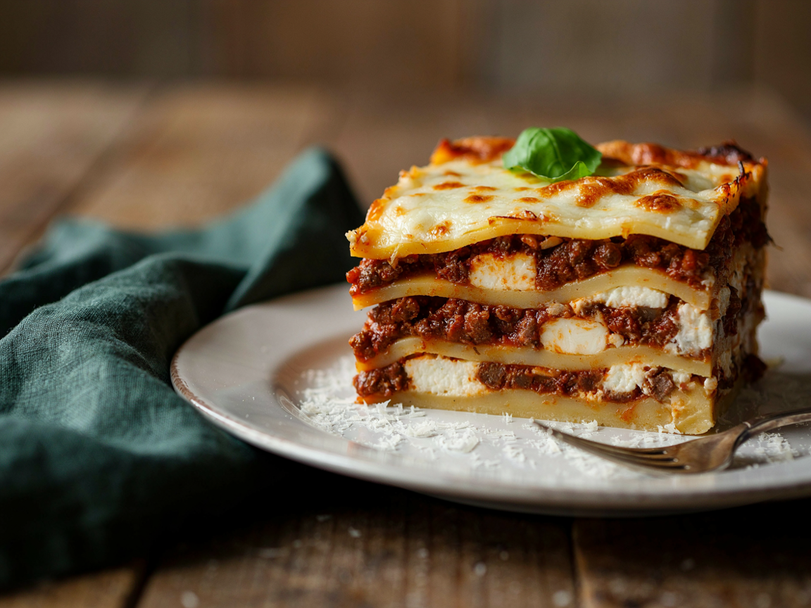 A tall slice of classic lasagna with bechamel sauce on a white plate, showing layers of pasta, beef ragu, ricotta and creamy white sauce under a golden cheese top
