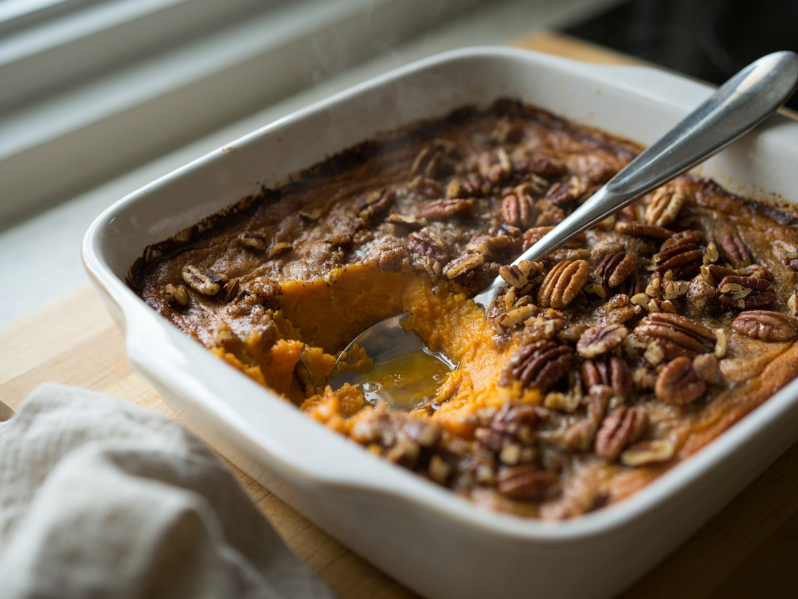 Maple pecan sweet potato casserole in a white baking dish with a crunchy brown sugar pecan topping and one scoop removed