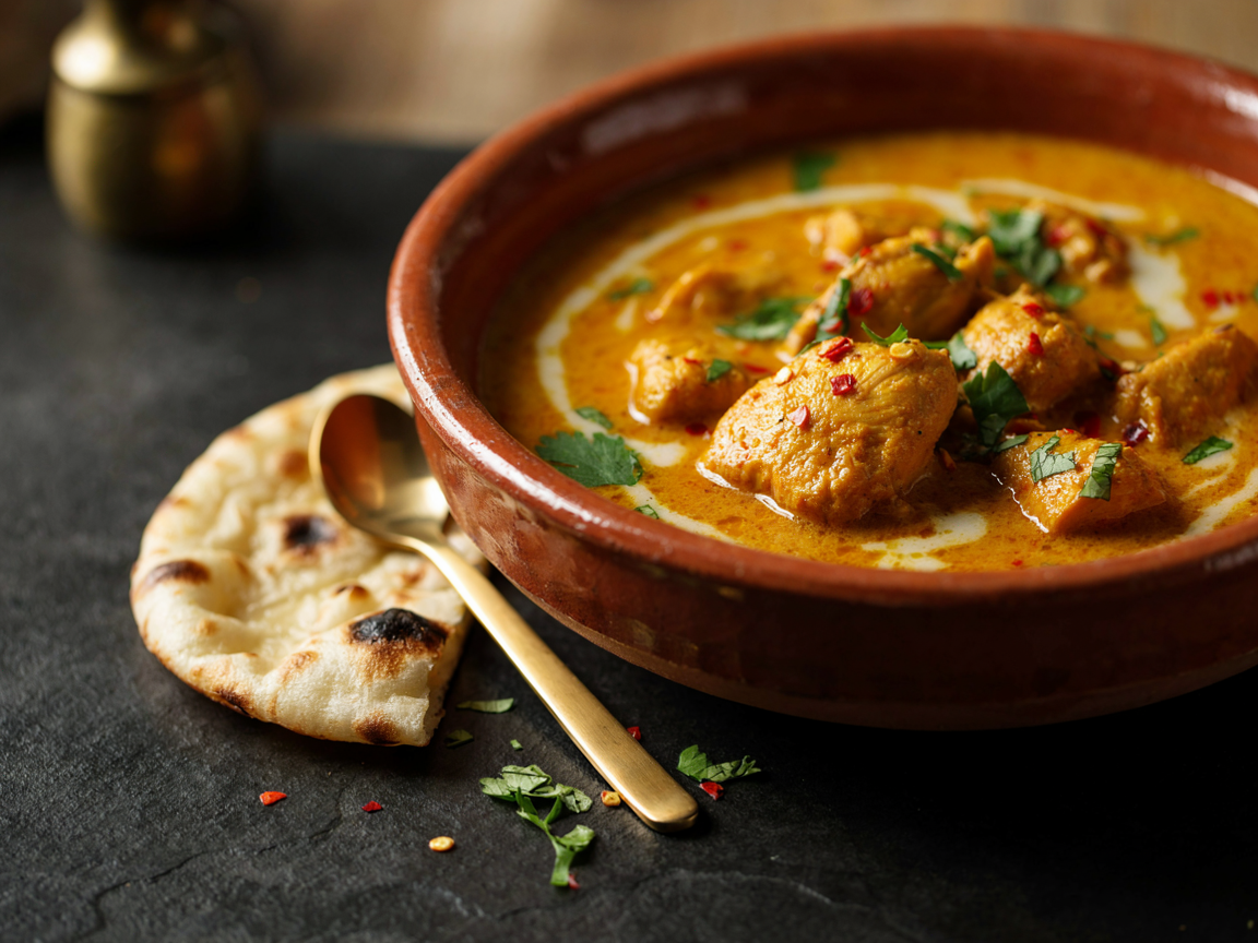 Creamy coconut chicken curry in a terracotta bowl with a swirl of coconut milk, fresh cilantro and chili flakes, with naan on the side
