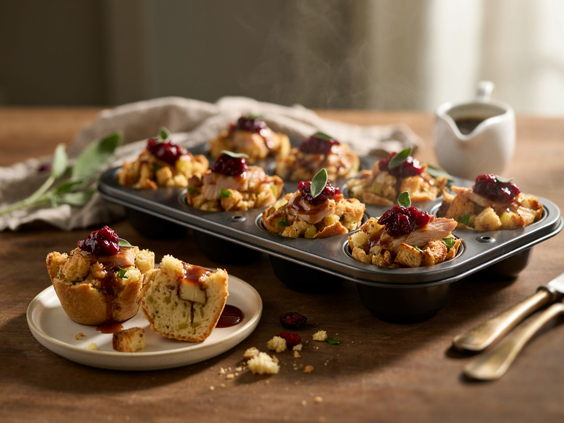 Golden turkey and stuffing cups in a muffin tin topped with cranberry sauce and sage leaves