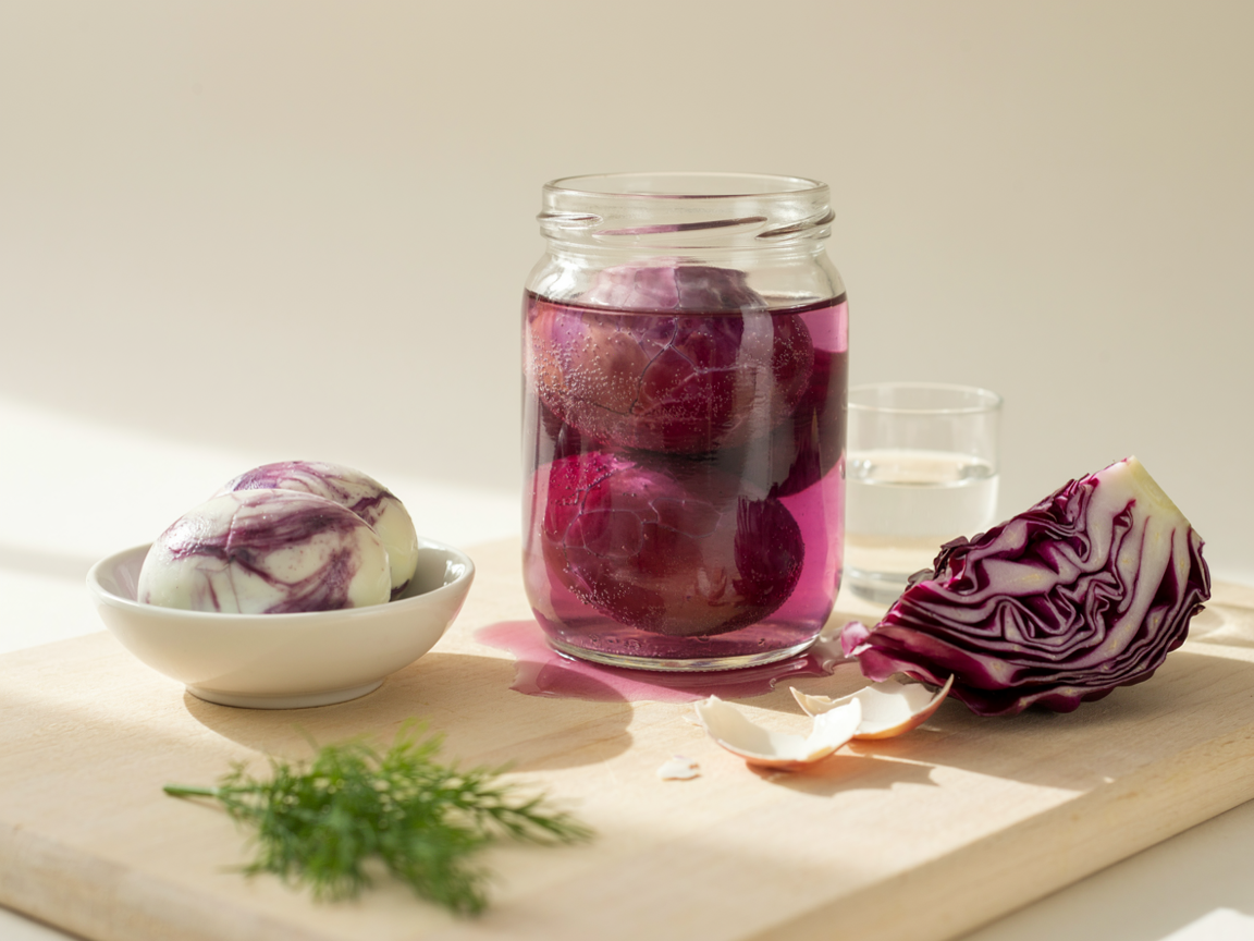 Crackled hard-boiled eggs soaking in a jar of violet red cabbage brine next to peeled eggs showing the purple marble effect
