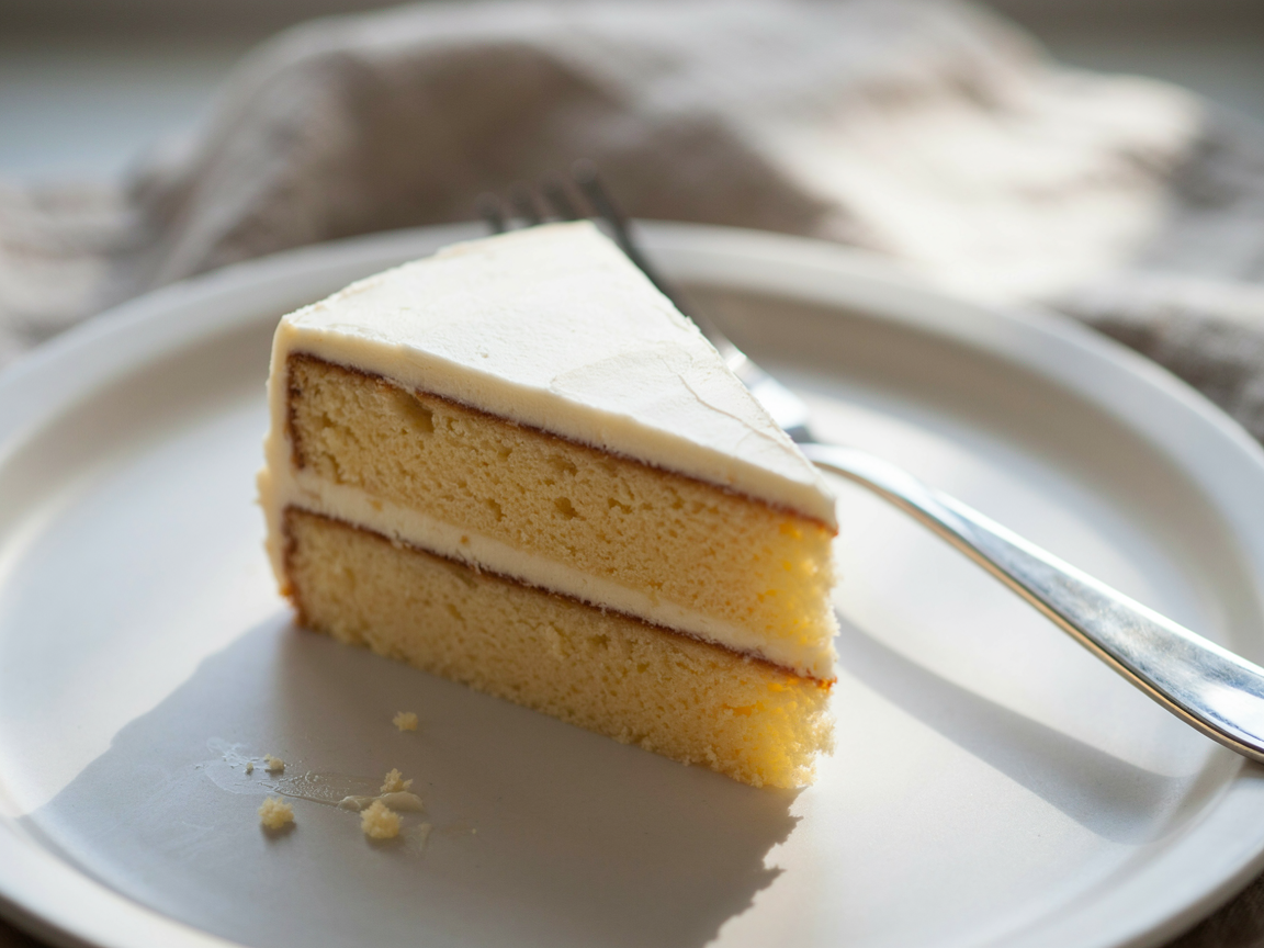 Close-up of a slice of sugar free vanilla layer cake showing a soft golden crumb and white buttercream