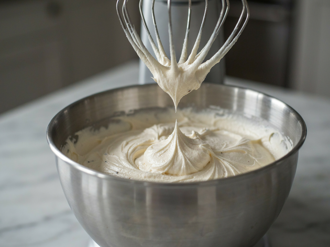 Stand mixer bowl of thick whipped cream cheese frosting with a stiff peak on the whisk