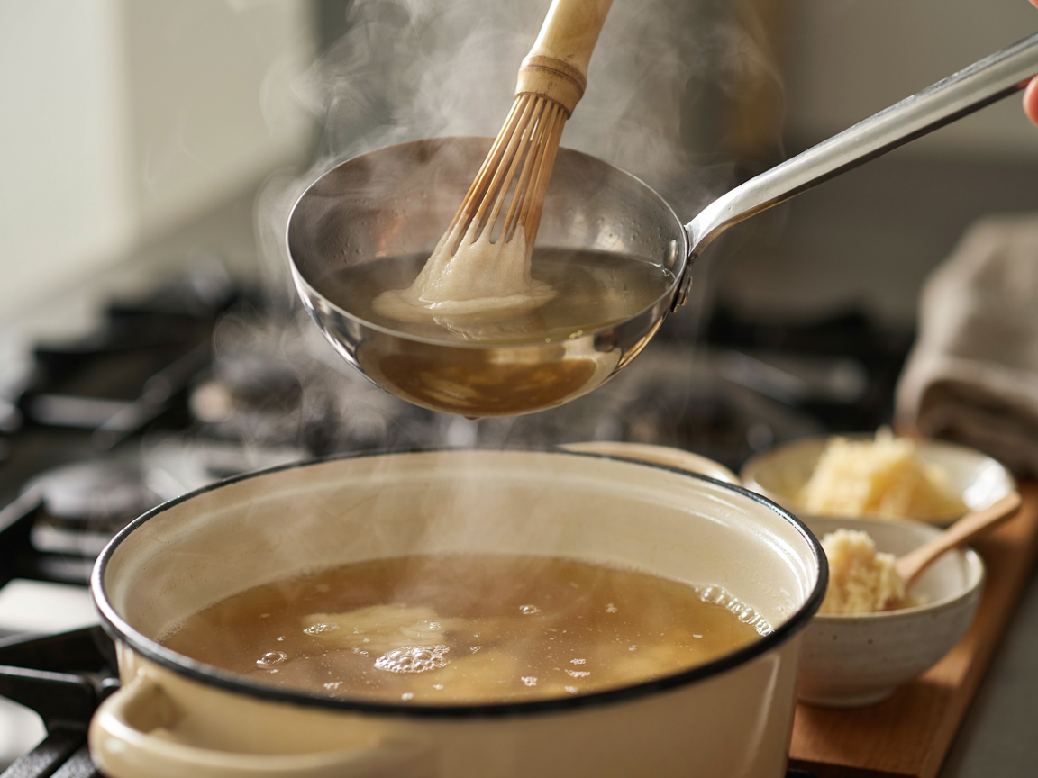 Ladle of hot broth with miso paste and a small whisk over a pot of simmering chicken broth