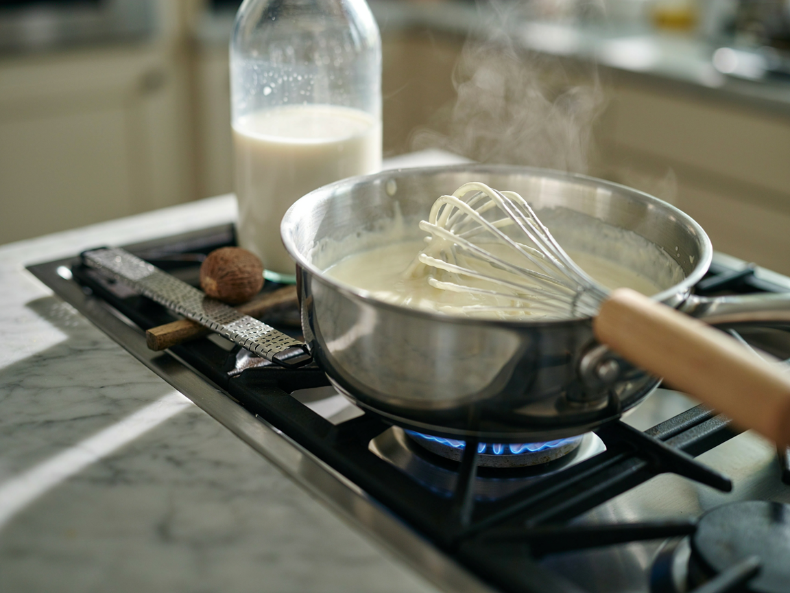 Smooth, thick bechamel sauce for lasagna in a saucepan with a whisk, whole nutmeg and a grater beside the stove