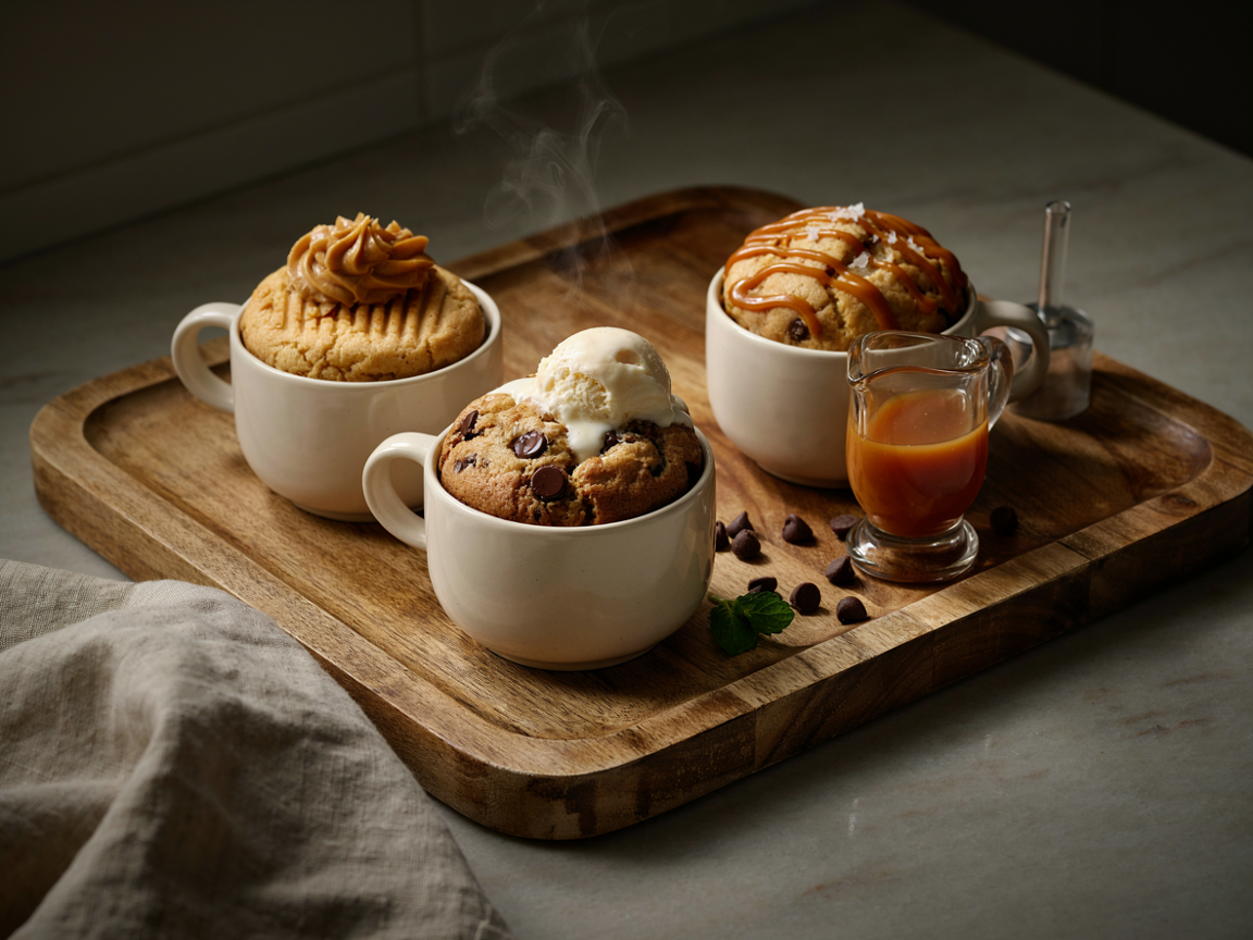 Three mug cookies on a tray: a classic chocolate chip mug cookie with a scoop of vanilla ice cream, a peanut butter swirl mug cookie, and a salted caramel drizzle mug cookie, warm cozy light