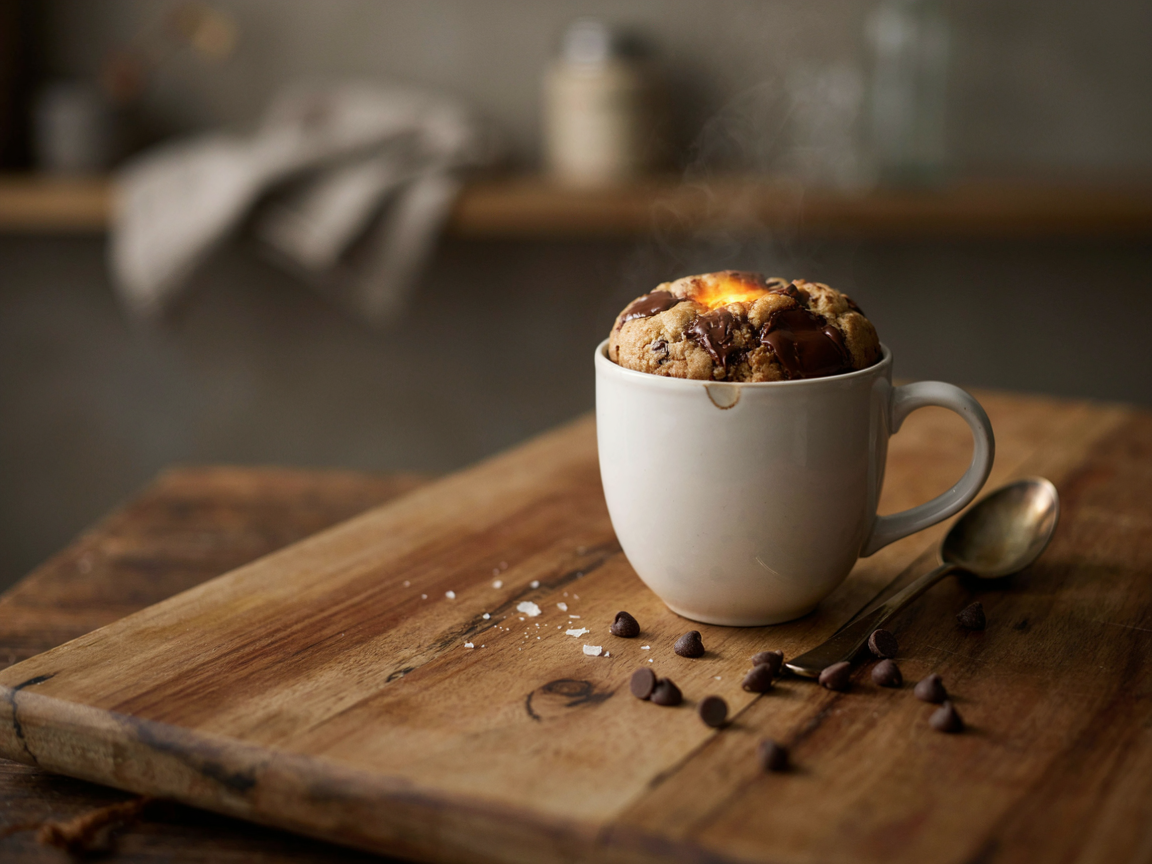 A white ceramic mug holding a golden domed chocolate chip cookie with glossy melted chocolate chunks on top, on a rustic wooden board scattered with chocolate chips and flaky salt, a teaspoon beside the mug, warm natural light