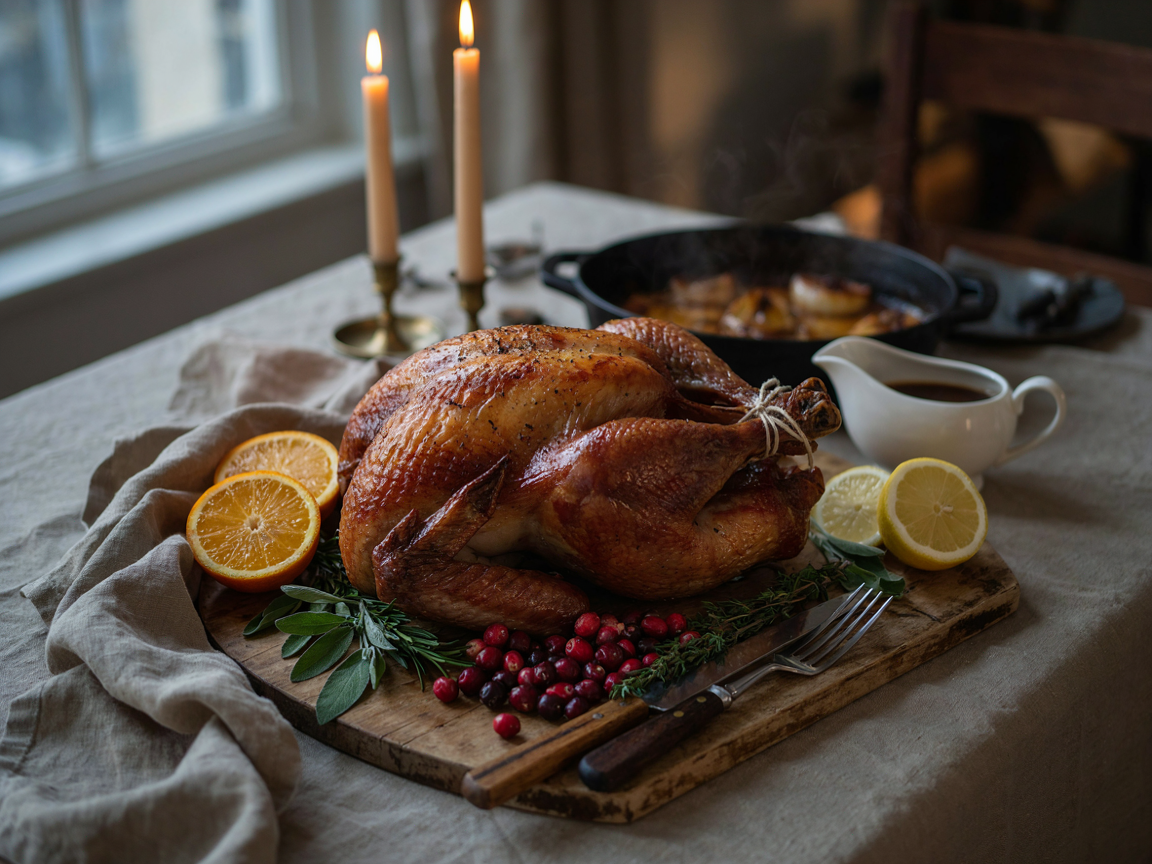 A whole roasted Thanksgiving turkey with deep golden-brown crisp herb-buttered skin resting on a wooden carving board, sprigs of sage, rosemary and thyme and halved oranges and lemons around it, a roasting pan with buttery browned drippings and a gravy boat beside it, carving knife and fork, linen napkin, warm evening light