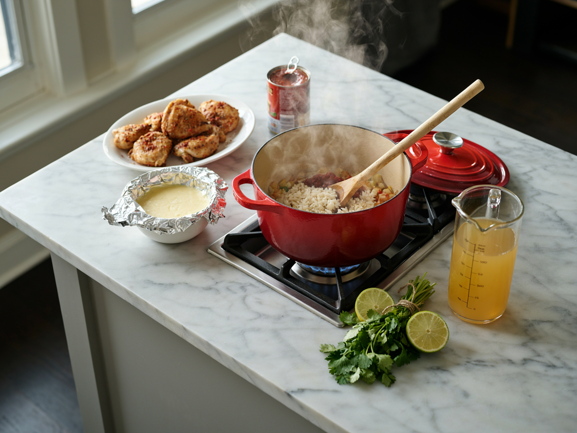 Making one pot Mexican chicken and rice: a Dutch oven on the stove with diced onion, dark red tomato paste and white long-grain rice toasting in oil, a wooden spoon, a plate of seared golden chicken pieces, a covered bowl of pale queso, a measuring jug of broth and a can of tomato sauce on the counter