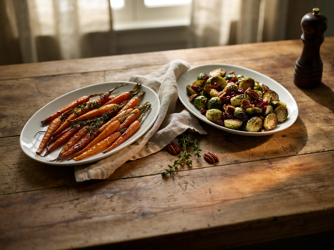 Honey glazed carrots and roasted Brussels sprouts with cranberries and pecans on a serving platter