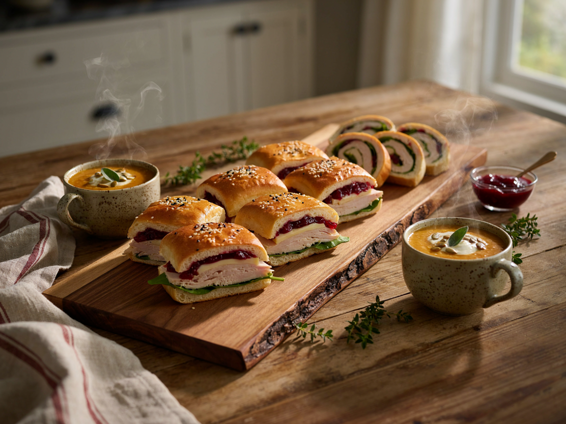 Turkey cranberry sliders and turkey pinwheels on a wooden board with two mugs of butternut squash soup