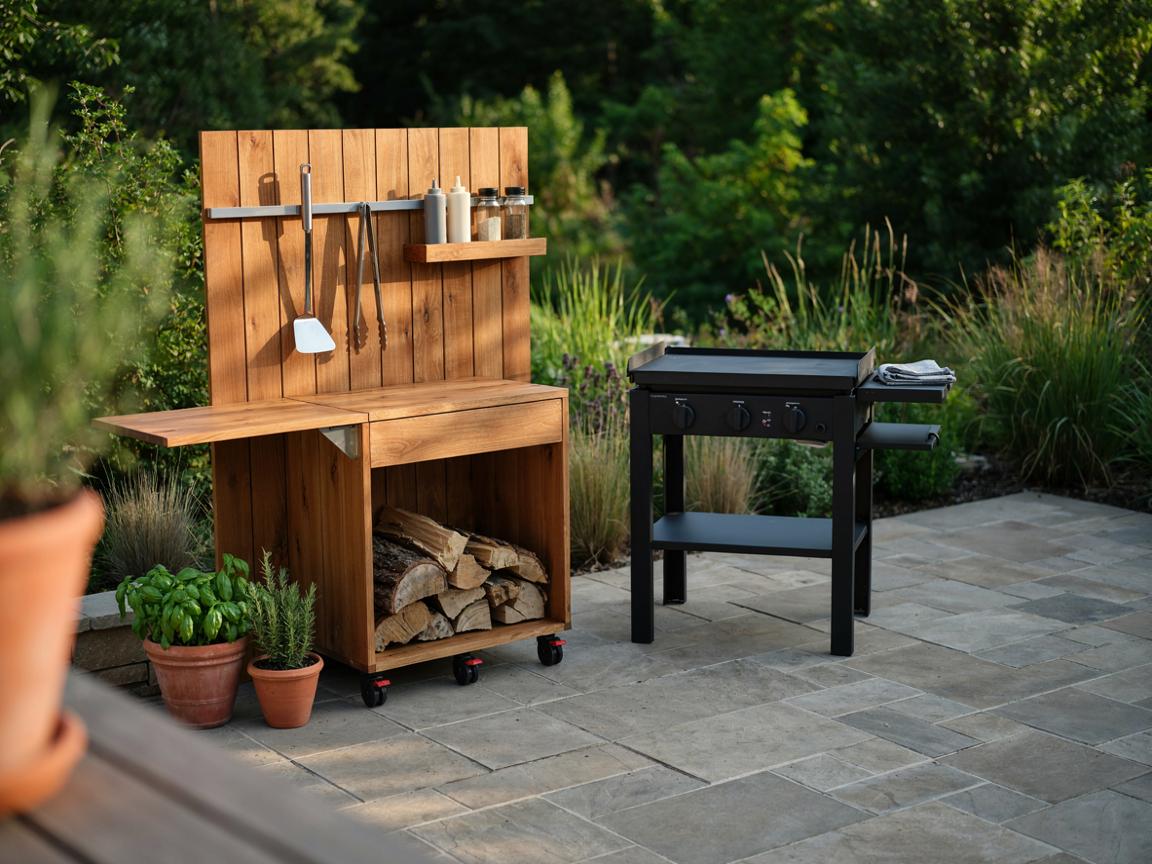 A cedar slatted prep station on a stone paver patio with a stainless tool rail, a small spice shelf, a fold-out side shelf, a firewood cubby and locking casters, and a black flat-top griddle on its own black steel cart about a metre to the right, a garden behind, golden hour light