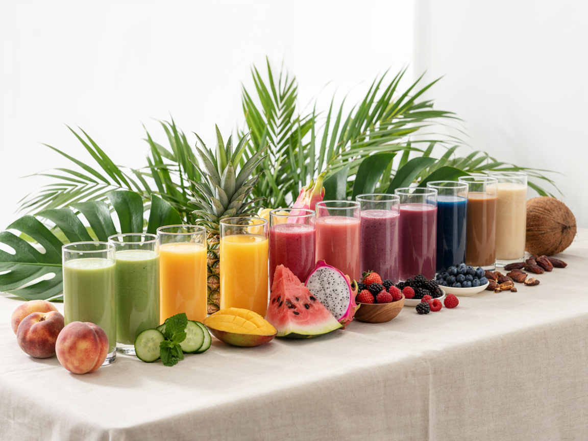 A row of eleven smoothie glasses on a long cream table from a low angle, colours running from pale green and mint through yellow, orange, pink and magenta to purple, navy and cocoa brown, each with its fruit beside it: mango, watermelon, pineapple, dragon fruit, peaches, berries, blueberries, cucumber and mint, cacao and dates, tropical leaves and a coconut at the end, bright natural light