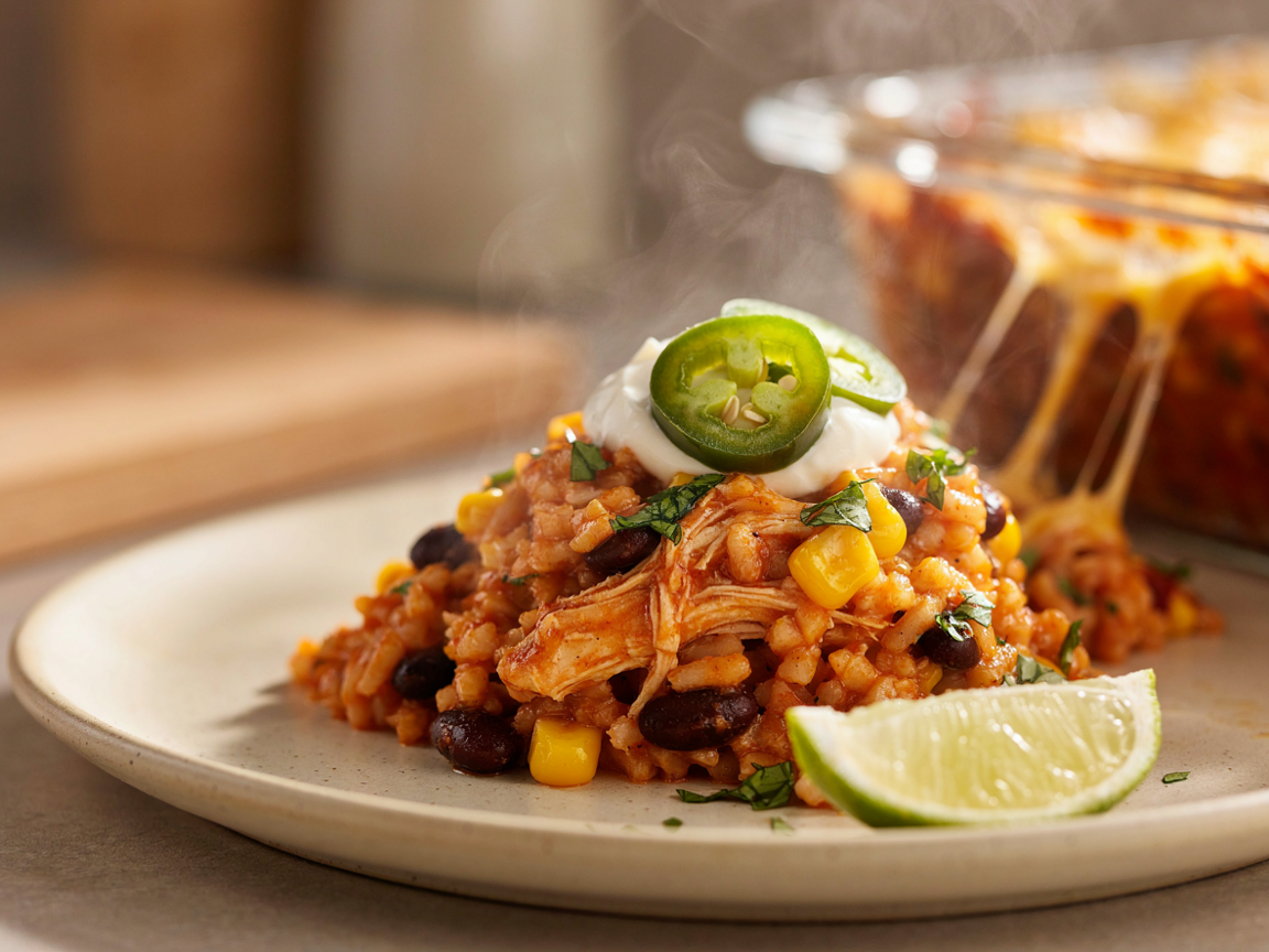 Close-up of a scoop of chicken enchilada rice casserole on a plate: orange saucy rice with shredded chicken, black beans and corn, melted cheese stretching, a dollop of sour cream, sliced fresh jalapeno and chopped cilantro, a lime wedge at the edge