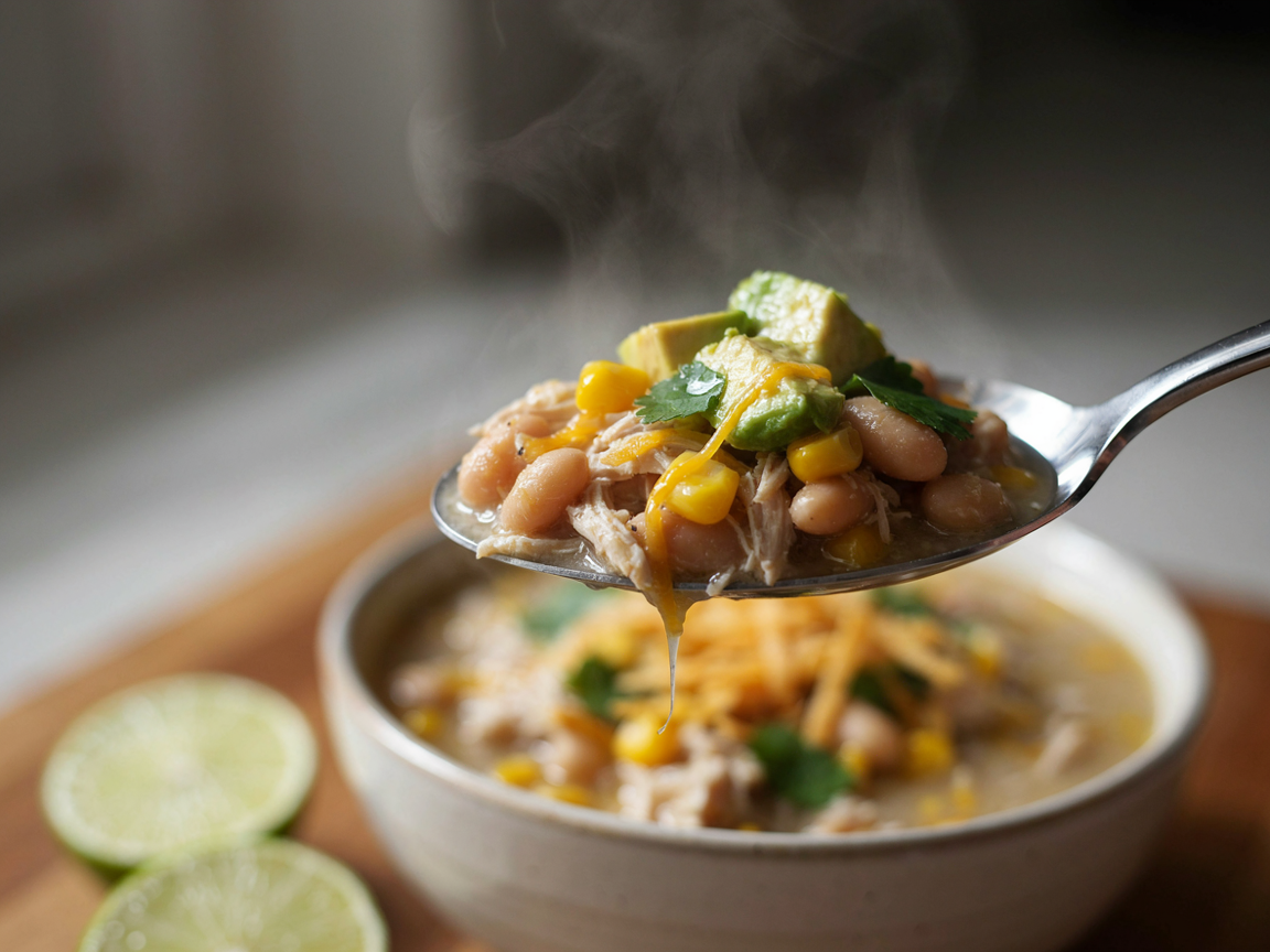 Close-up of a spoonful of creamy white chicken chili with shredded chicken, beans and corn, topped with avocado, cheese, cilantro and lime