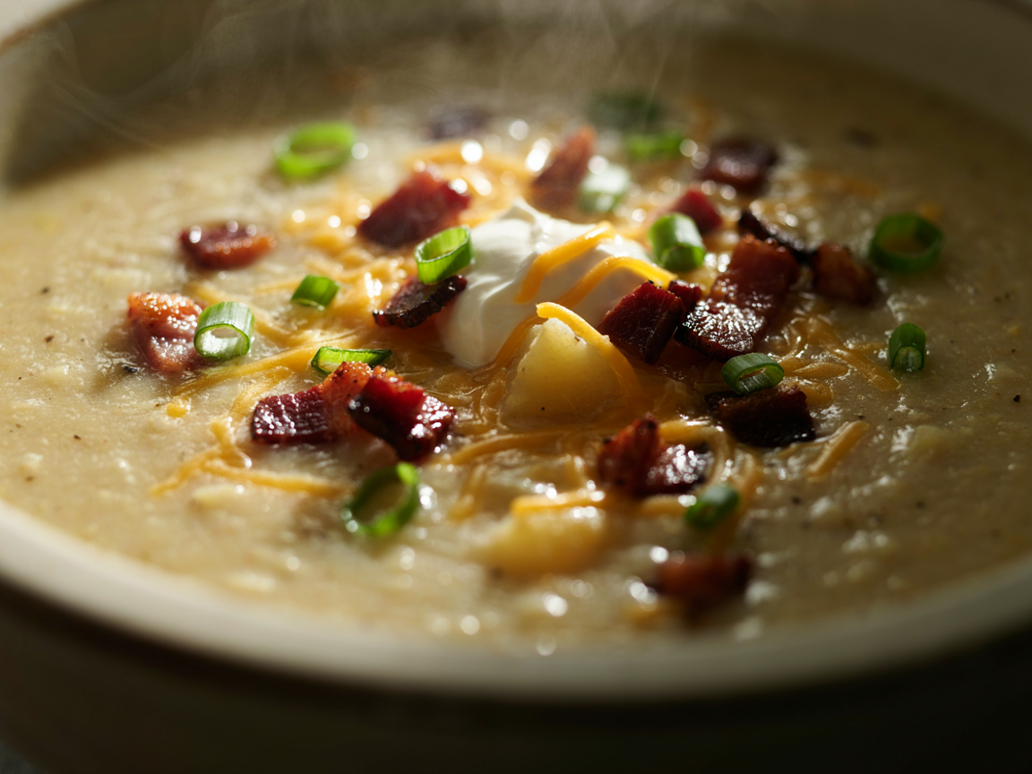 Close-up of a bowl of thick loaded baked potato soup with shredded cheddar melting into the surface, crisp chopped bacon pieces, bright green onion slices and a spoonful of sour cream in the center, steam rising